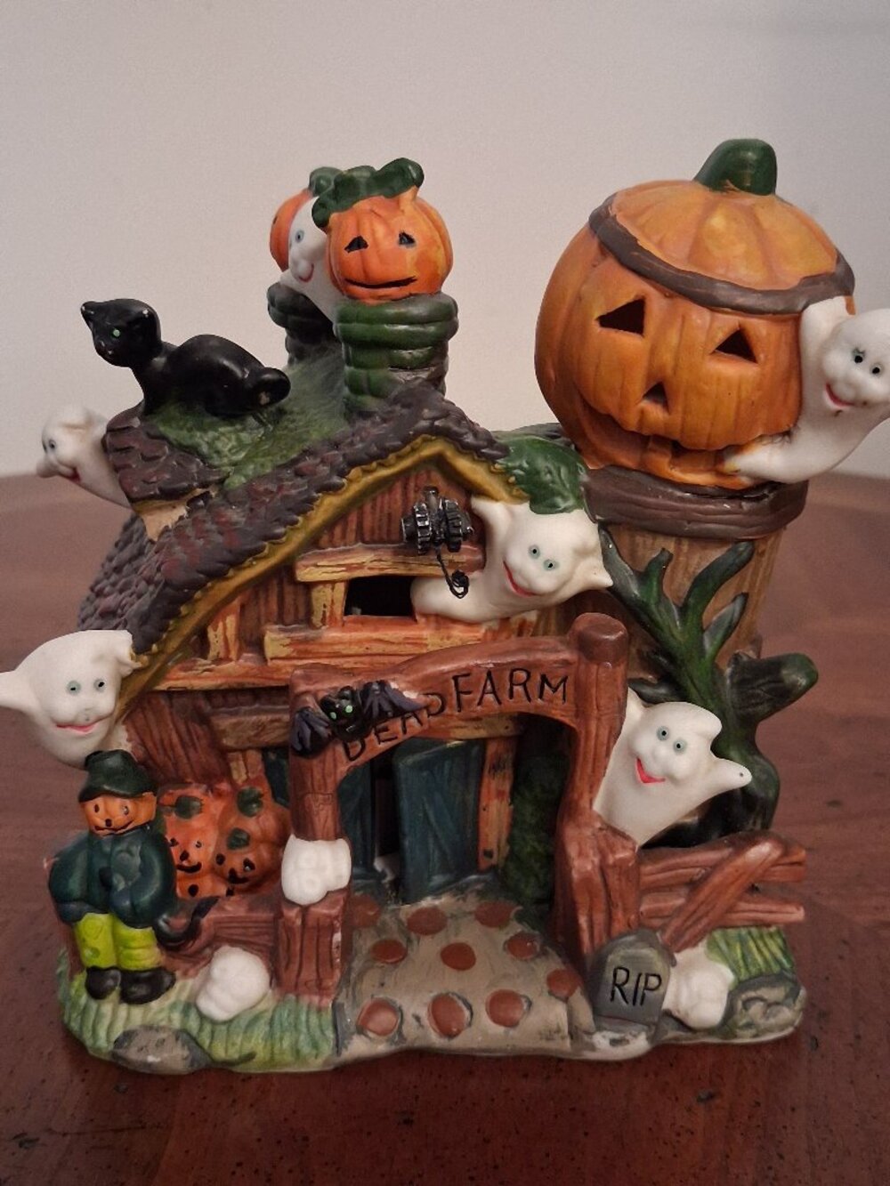 Vintage Halloween Ceramic Light Up Haunted House Dead Farm Pumpkins Ghosts